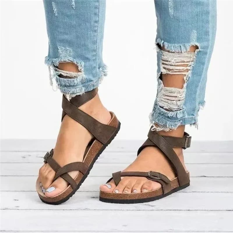 Sandali estivi oversize da donna con suola in sughero, cinturini con punta romana, cinturini con fibbia e sandali avvolti
