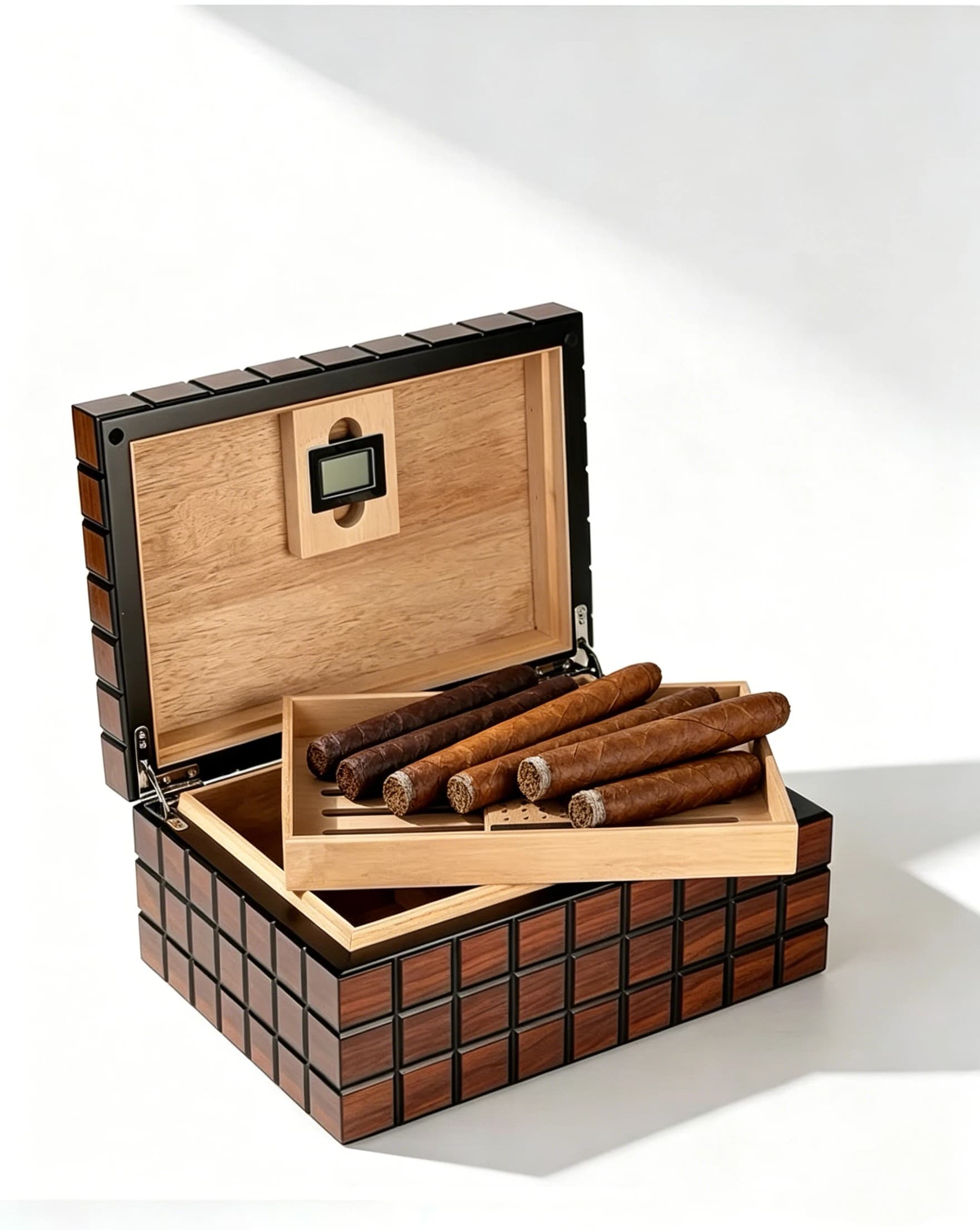 Magic Cube Shaped Cigar Box, Cedar Wood Moisturizing Cigar Box, Built-In Humidifier And Thermometer.