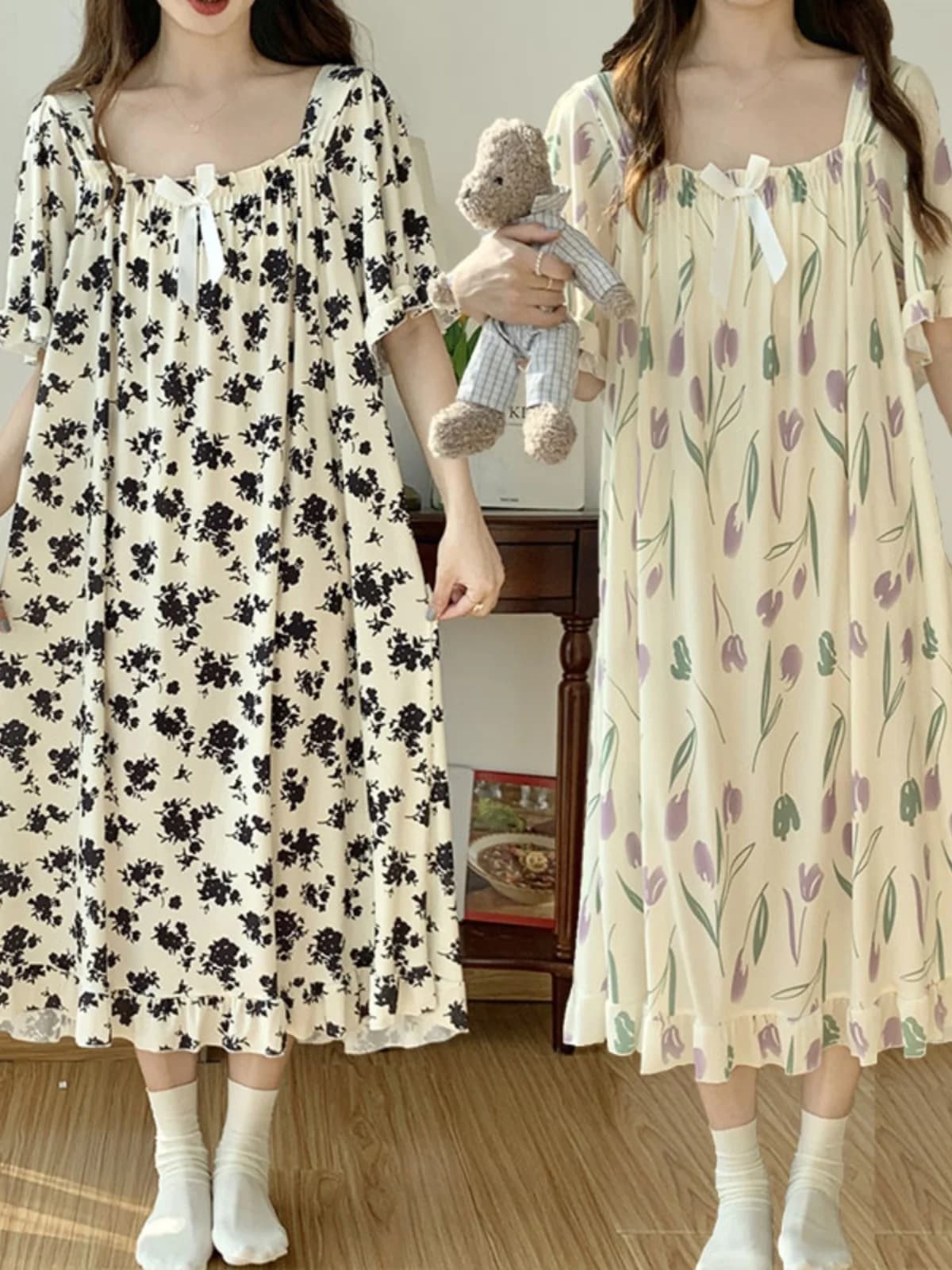 New Ice Silk Short Sleeve Sleep Dress plus Size 300 Pounds Women's Summer Loose Slimming Student Dress Floral Print Sweet Style