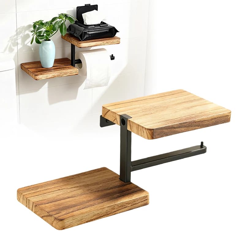 Portarotolo di Carta Igienica in Legno da Parete, Dispenser Nero per Bagno e Cucina, Portaoggetti in Legno Massello