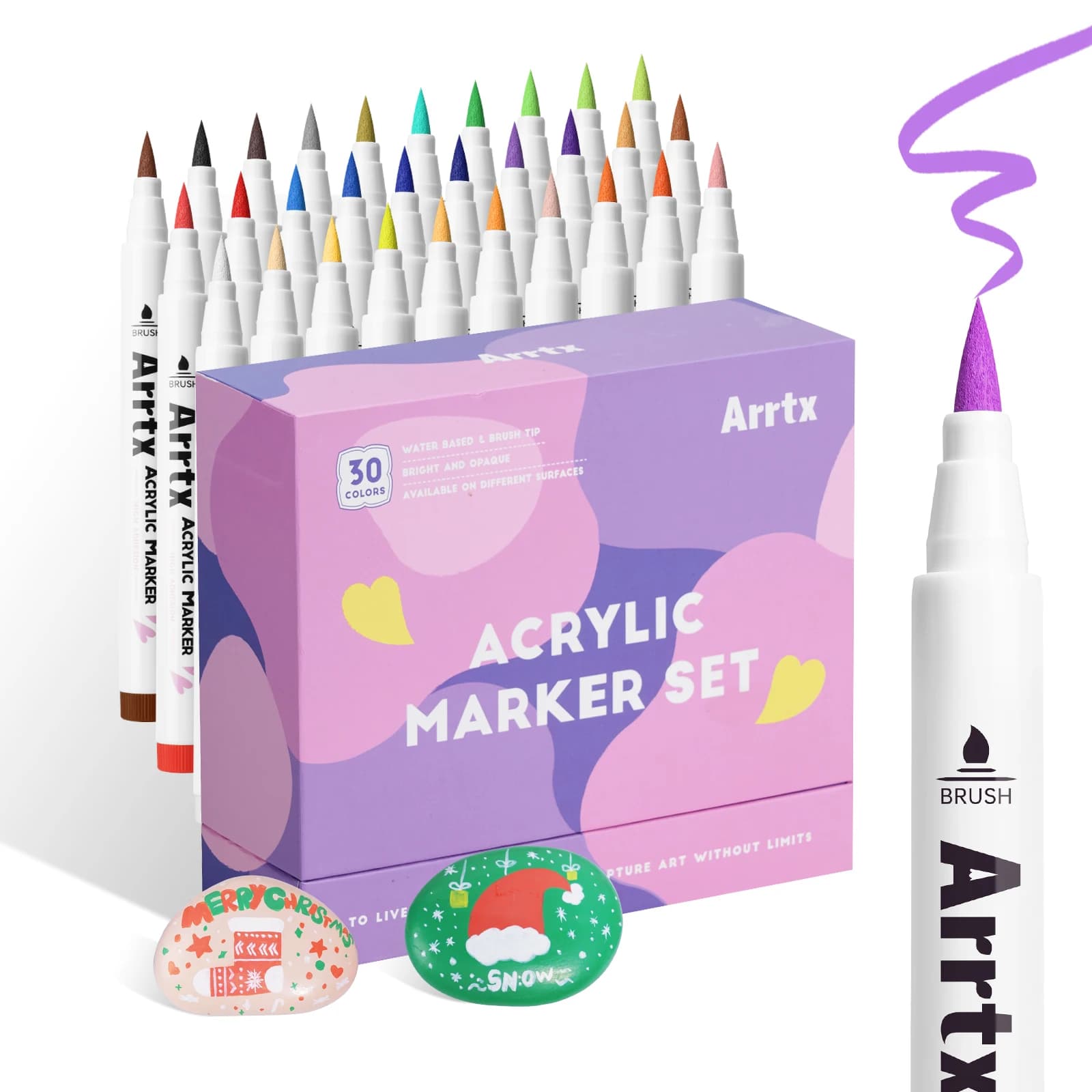 Arrtx 30 Colors Acrylic Makrer, Extra Fine Brush Tip Acrylic Paint Pens for Rock/Ceramic/Glass/Canvas/Mug/Wood/Easter Egg