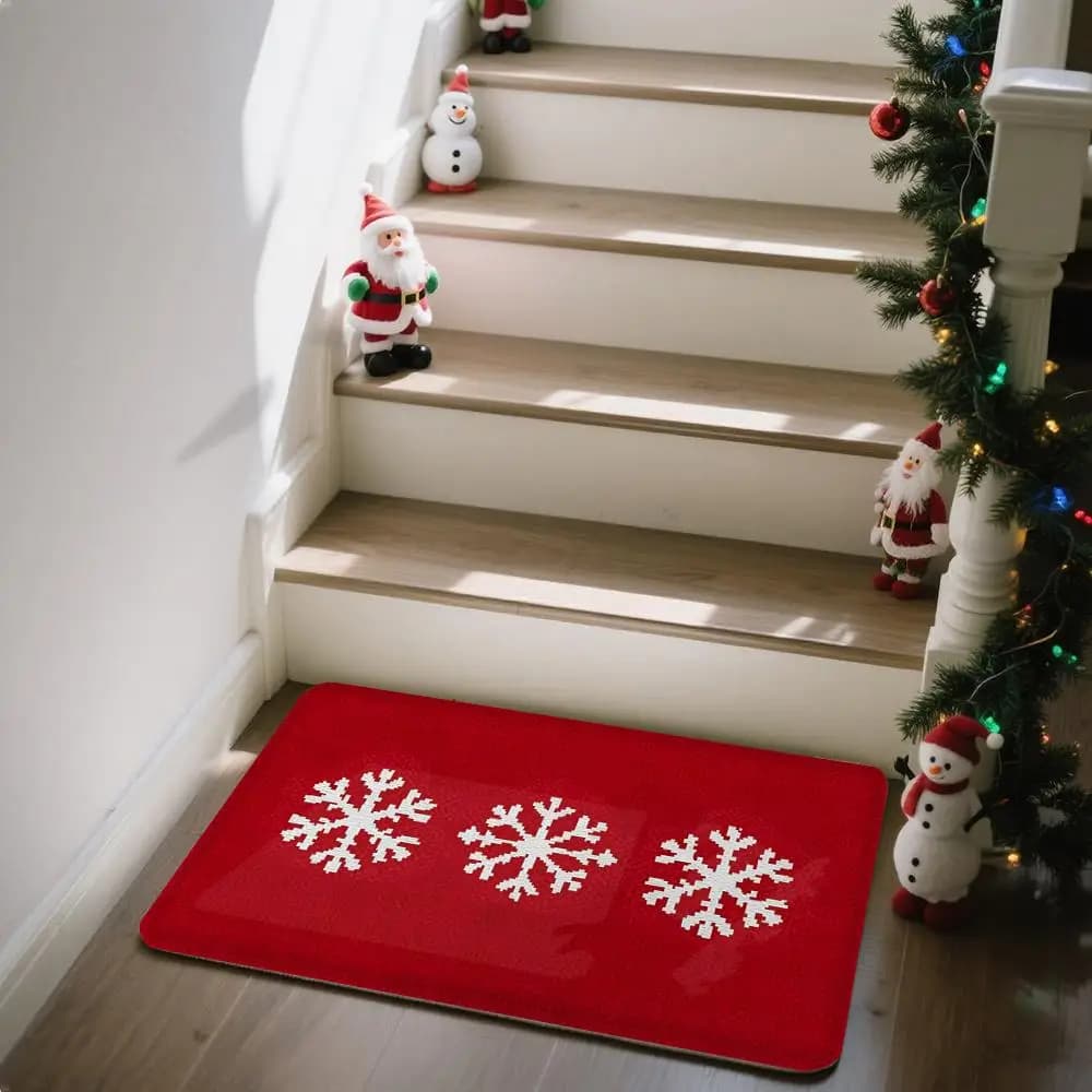 VIKAMA Rosso e bianco Natale Fiocco di neve Tappetino da bagno Doccia Tappeto assorbente d'acqua Porta WC Tappetino antiscivolo
