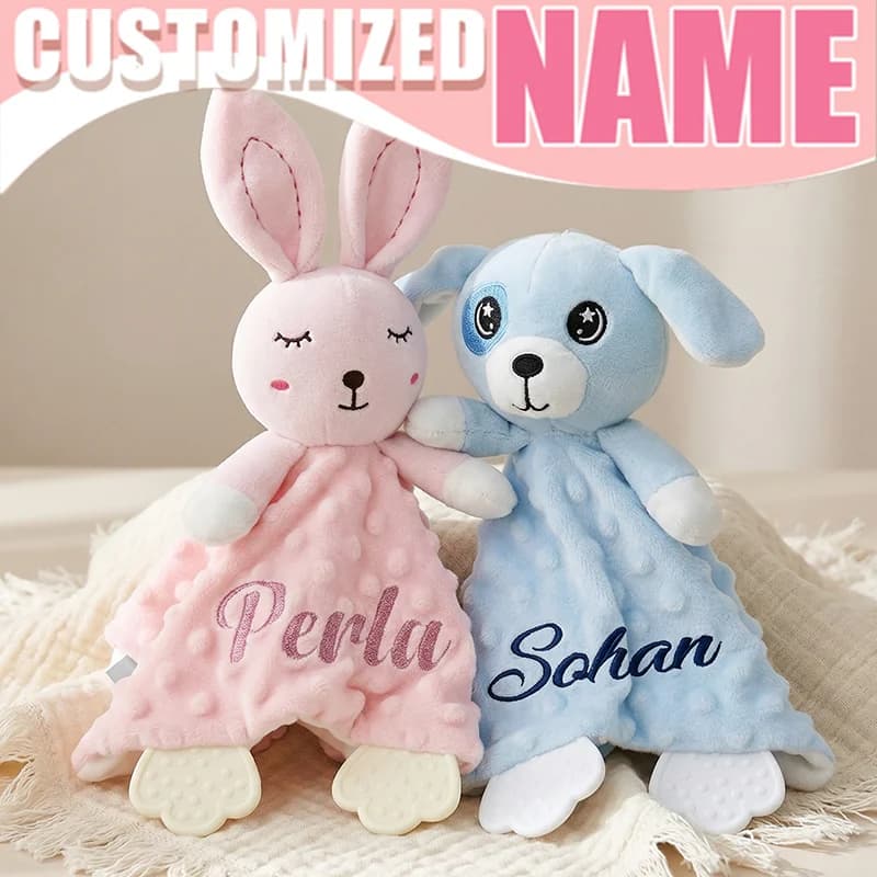 Cuscinetto Personalizzato per Neonati a Forma di Coniglietto con Massaggiagengive in Silicone, Regalo Unico per la Nascita del Bambino