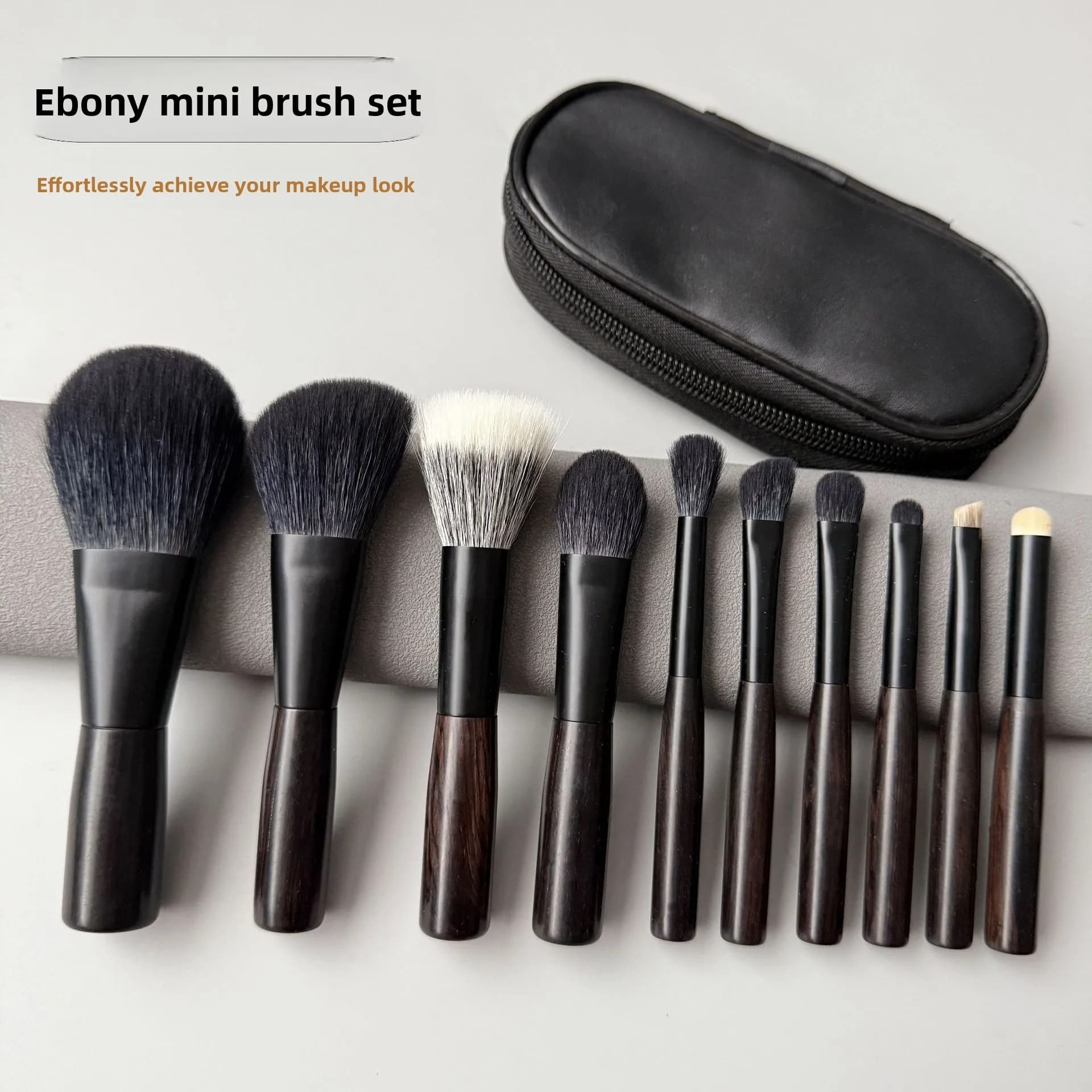 10Pcs Mini Travel Makeup Brush Set Wool Bristles Wooden Handle Portable Cosmetic Brushes for Powder Blush Contour Eyeshadow