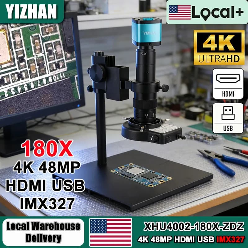 Microscopio Digitale YIZHAN con Zoom 180X per Elettronica, Fotocamera 4K 48MP HDMI USB HD, Base in Metallo Regolabile per Riparazione PCB