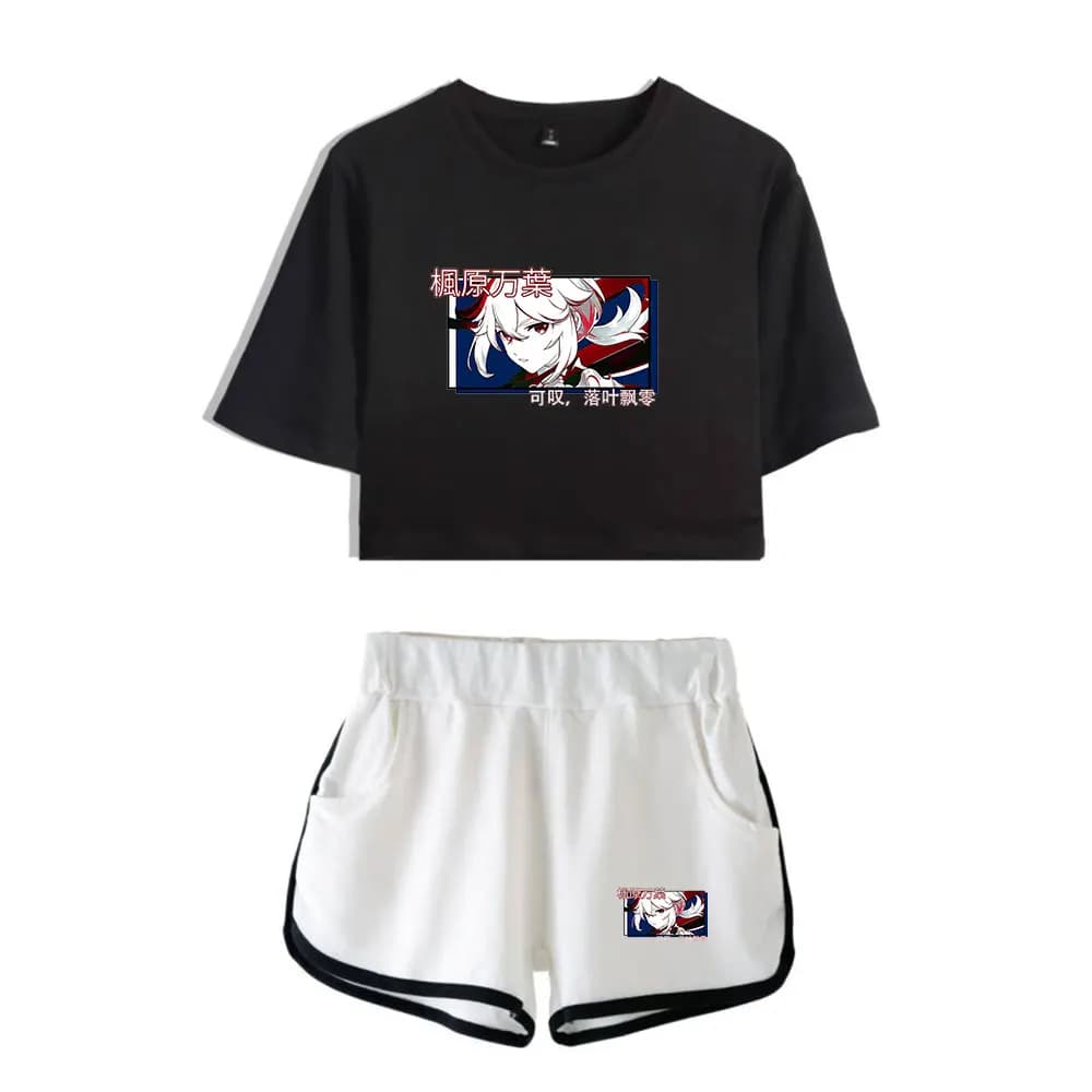 Completo Set Due Pezzi Giovanile alla Moda Genshin Impact Kaedehara Kazuha: T-shirt Sexy a Maniche Corte e Shorts con Ombelico Scoperto per Ragazze