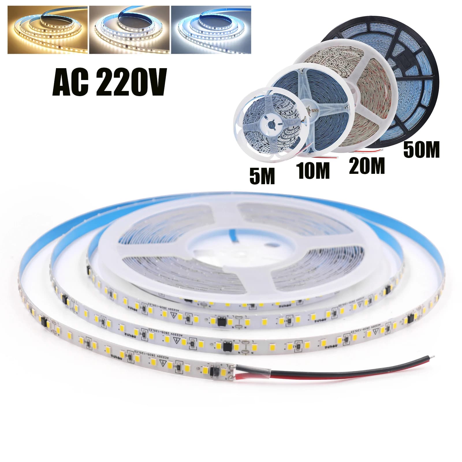 AC 220V 240V LED Strip SMD 2835 120Leds/M IP44 White 3000K 4000K 6000K Home decoration Flexible tape String light 5M 10M 20M 50M/Rotolo