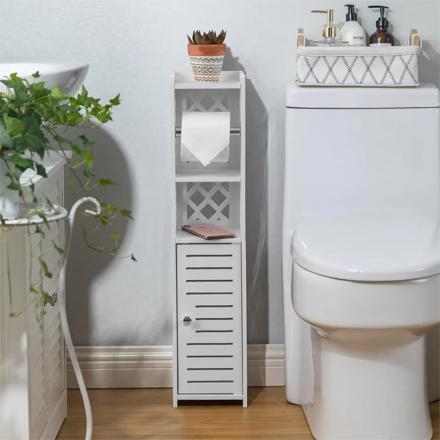 Supporto porta carta igienica per piccoli spazi, mobiletto da bagno bianco