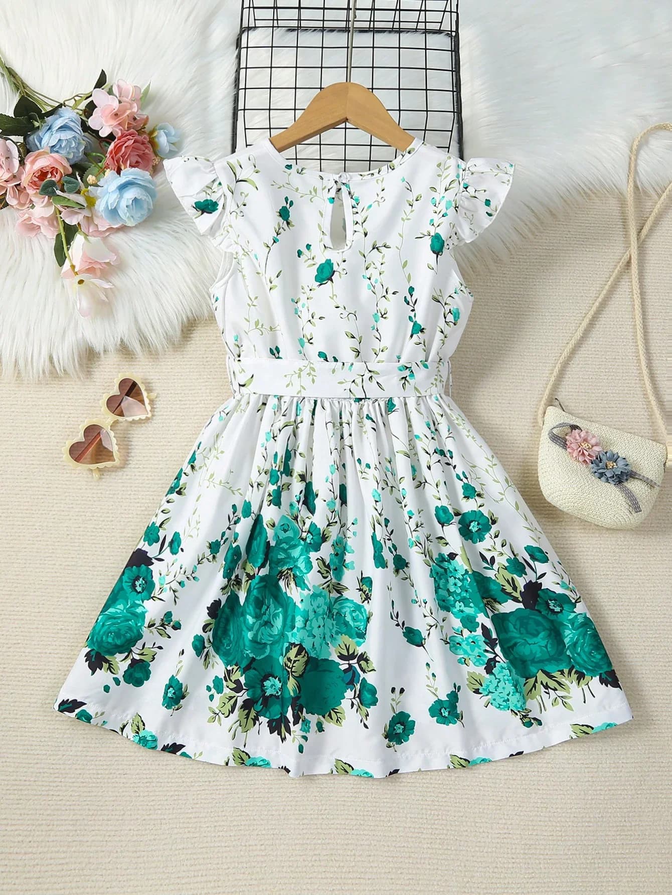 Abito midi estivo da donna verde con stampa floreale, scollo rotondo, maniche a cappuccio e vita arricciata, modello a trapezio