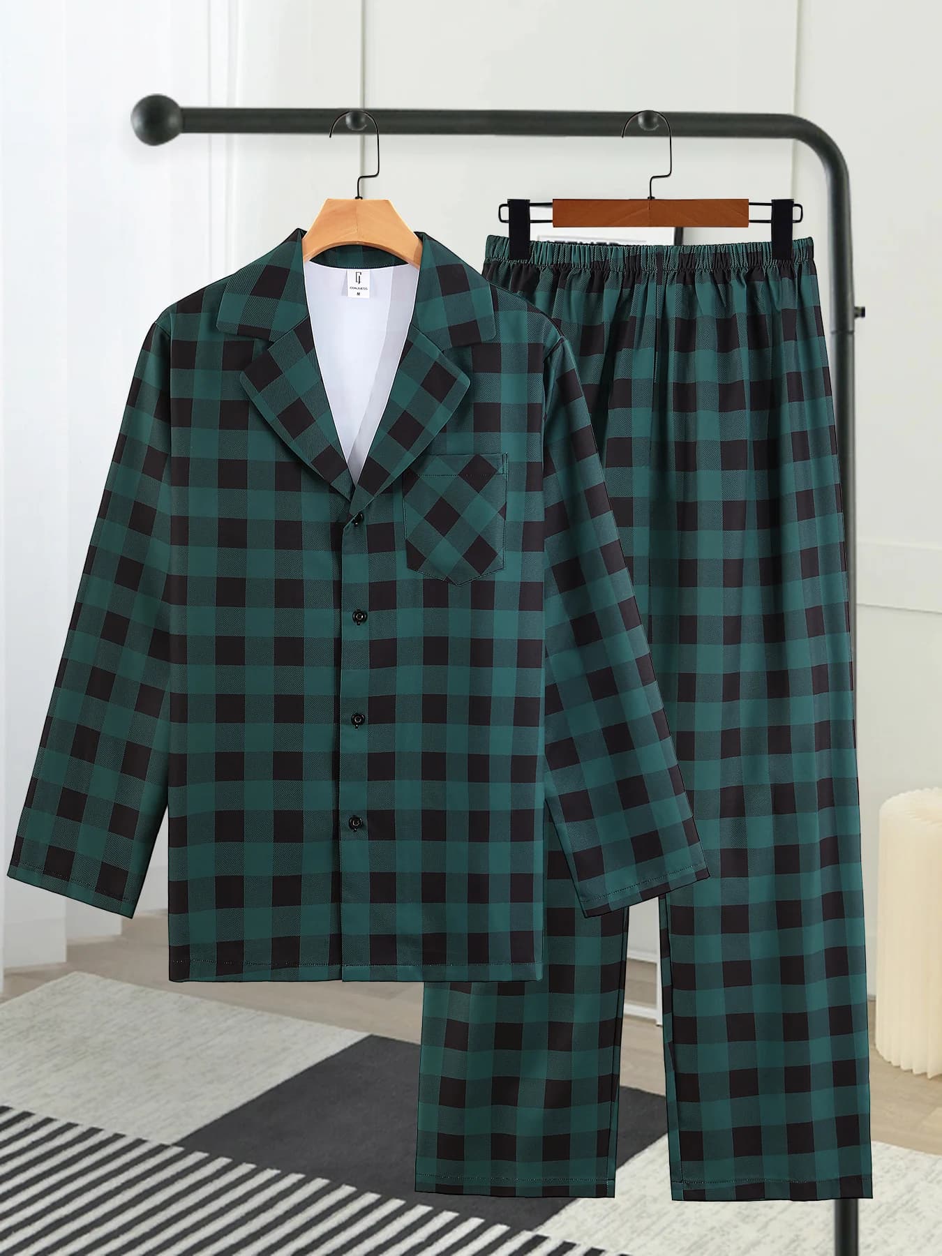 Set Loungewear da Uomo Verde Scuro e Nero a Quadri con Cardigan e Risvolto, Completo Casual Primaverile Autunnale 2 Pezzi
