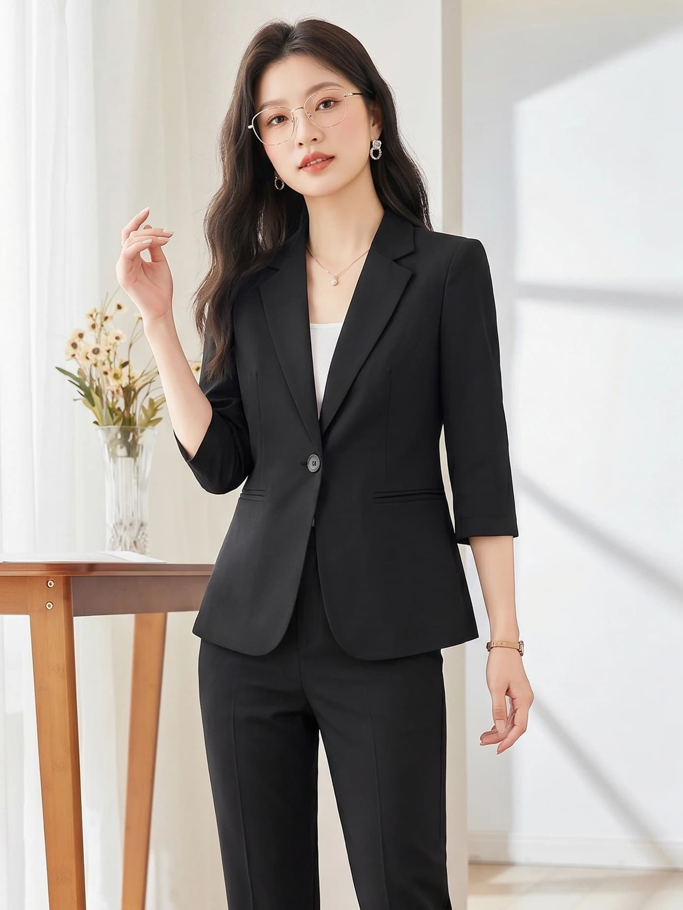Black Suit Women's Set Spring 2026 New High-End Career Interview Jacket Loose Fit Button Design Polyester Fiber Breathable