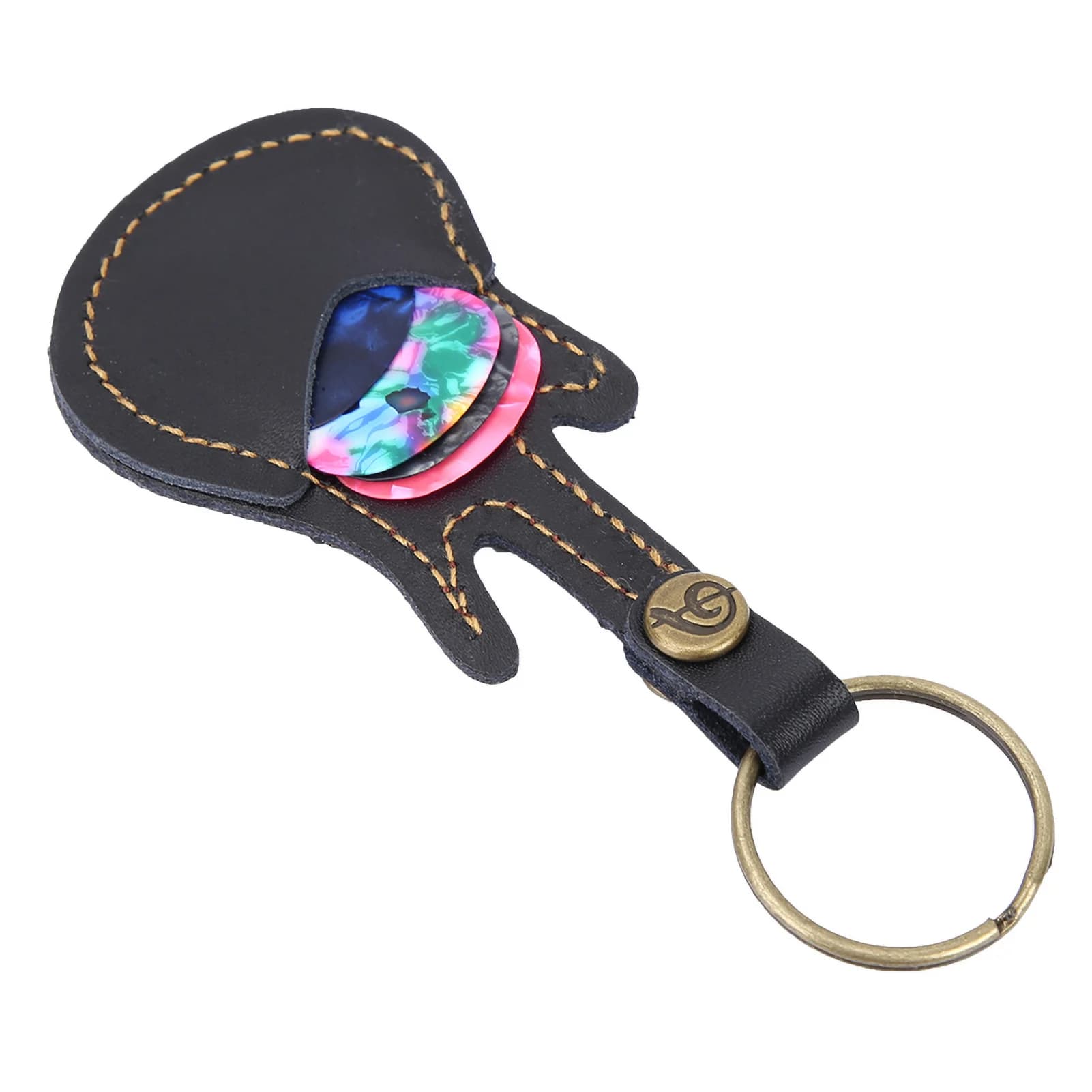Porta plettri portatile in pelle e ottone per chitarra con 5 plettri dai colori casuali, nero, 12 x 5,2 cm / 4,7 x 2 pollici, include plettro