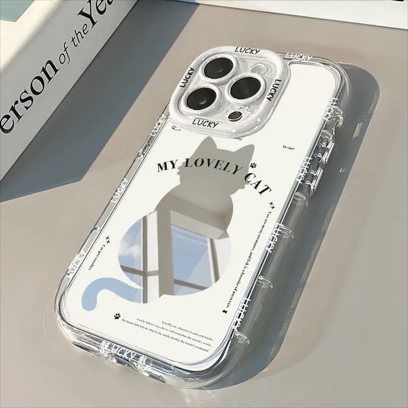 New Hollow out Background Cat Mirror Phone Case For iPhone 17 Pro Max Cases 7 8 15 14 16 Plus 13 12 11 Pro X XR 16E 17 Air Cover