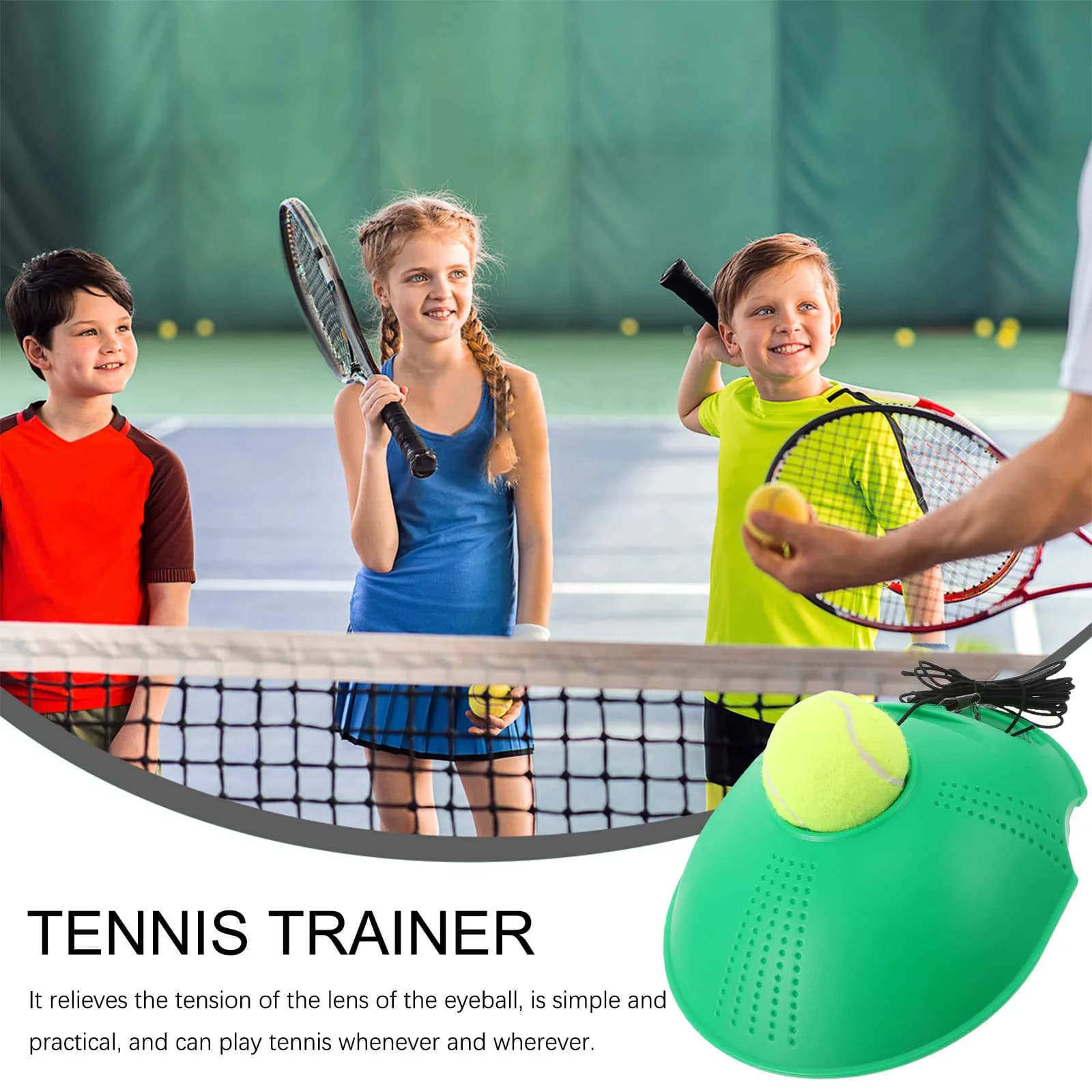 Set da allenamento tennis portatile per una persona, con base robusta e corda elastica, per pratica individuale.