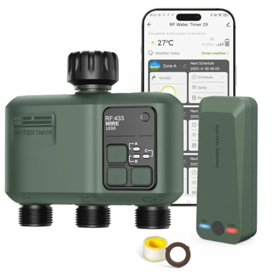 Timer Irrigazione Intelligente a 3 Zone per Tubo da Giardino, Timer Acqua WiFi con Raggio RF di 300m, Sistema di Irrigazione Intelligente per Prato, Controllo Irrigazione