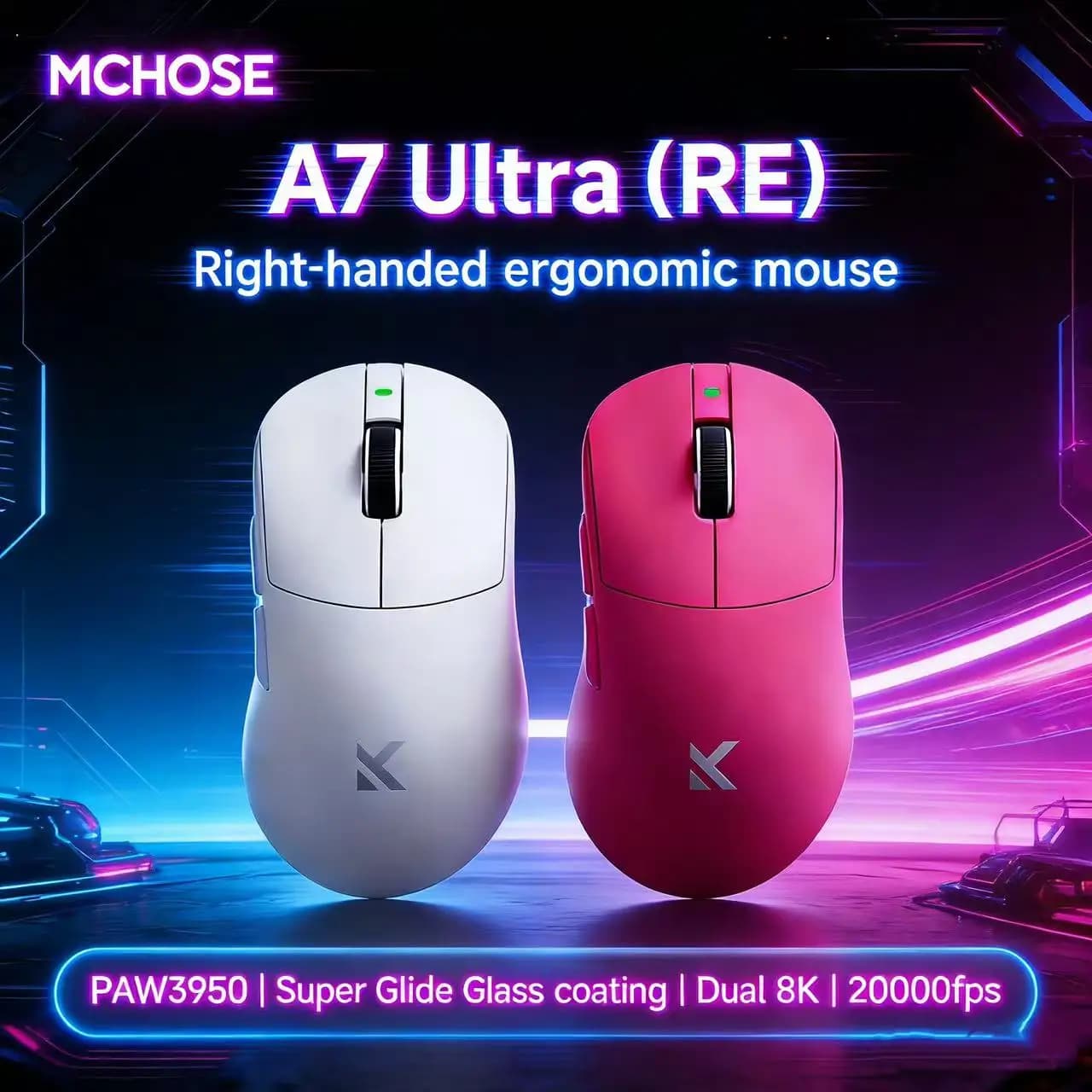Mouse da Gaming MCHOSE A7 Ultra RE, Design Ergonomico, 8K 20000fps 42000DPI 750IPS, Rivestimento Super Glide, Batteria da 500mAh, Mouse Leggero