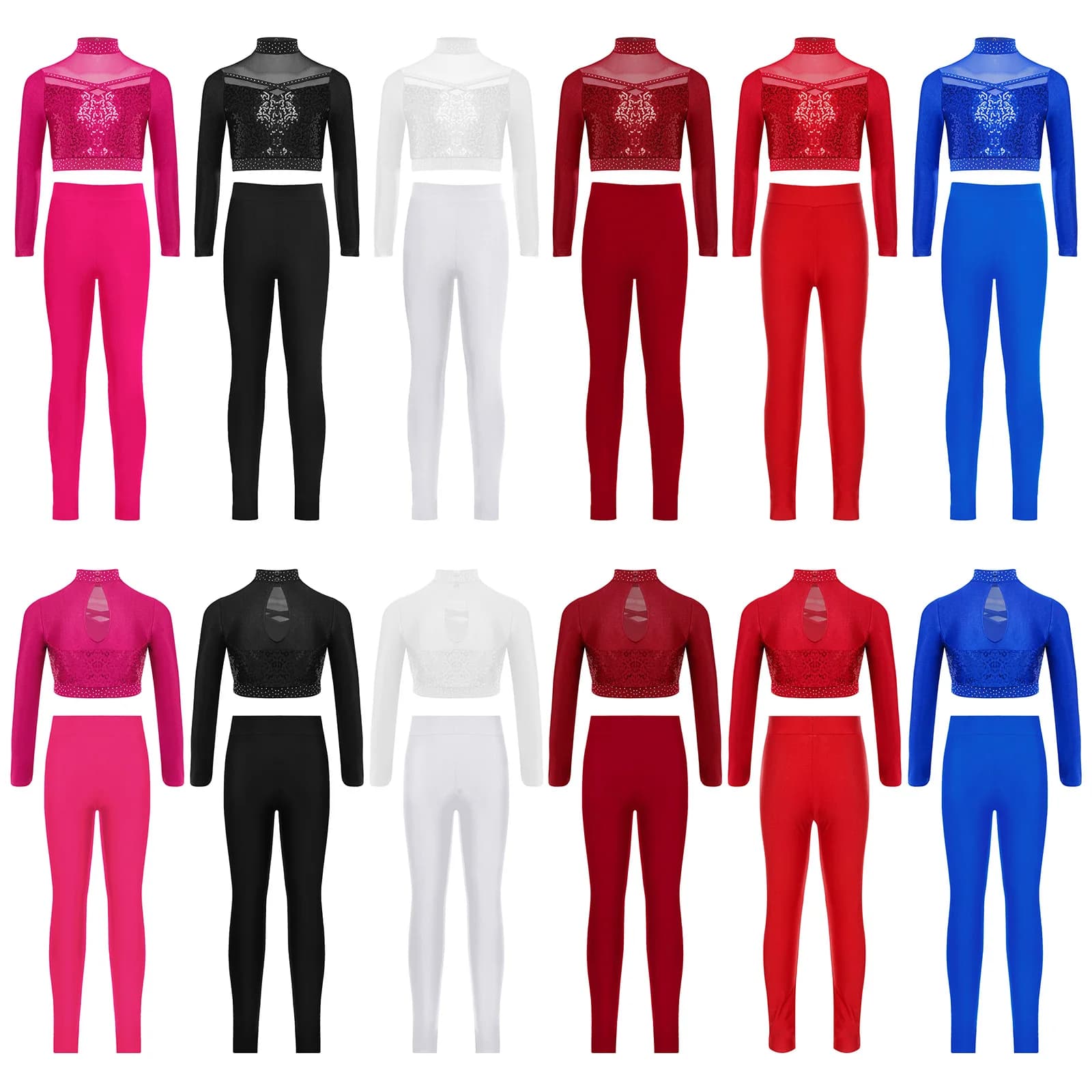 Kids Girls Ballet Jazz Dance Performance Costume Mock Neck Long Sleeve Shiny Sequins Crop Top with Elastic Waistband Leggings