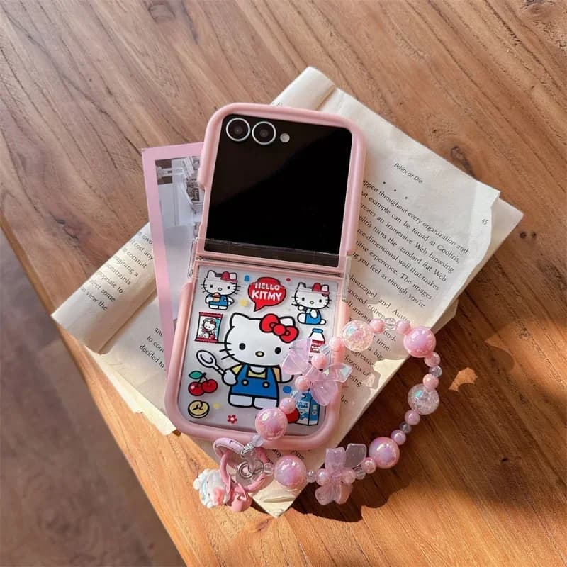 Graziosa Custodia per Telefono 2-in-1 Hello Kitty Rosa con Cornice Portafoto per Samsung Z Flip 7/6/5/4/3 con Cordino Antiurto