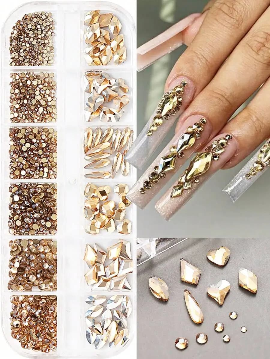 Strass 3D in Cristallo Dorato per Unghie, Gemme Asimmetriche con Fondo Piatto, Decorazioni per Nail Art in Stile Y2K, Accessori per Unghie