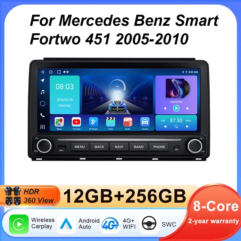 Car Radio For Mercedes Benz Smart Fortwo 451 2005-2010 Carplay Navigation GPS Stereo Android Auto Screen Bluetooth Multimedia