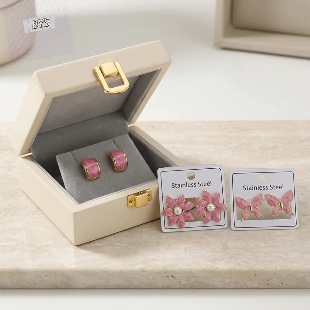 Pink Enamel Flower Stud Earrings Round Flower Plants and Flowers Drop Oil Flower Earrings Simple Delicate 304 Stainless Steel