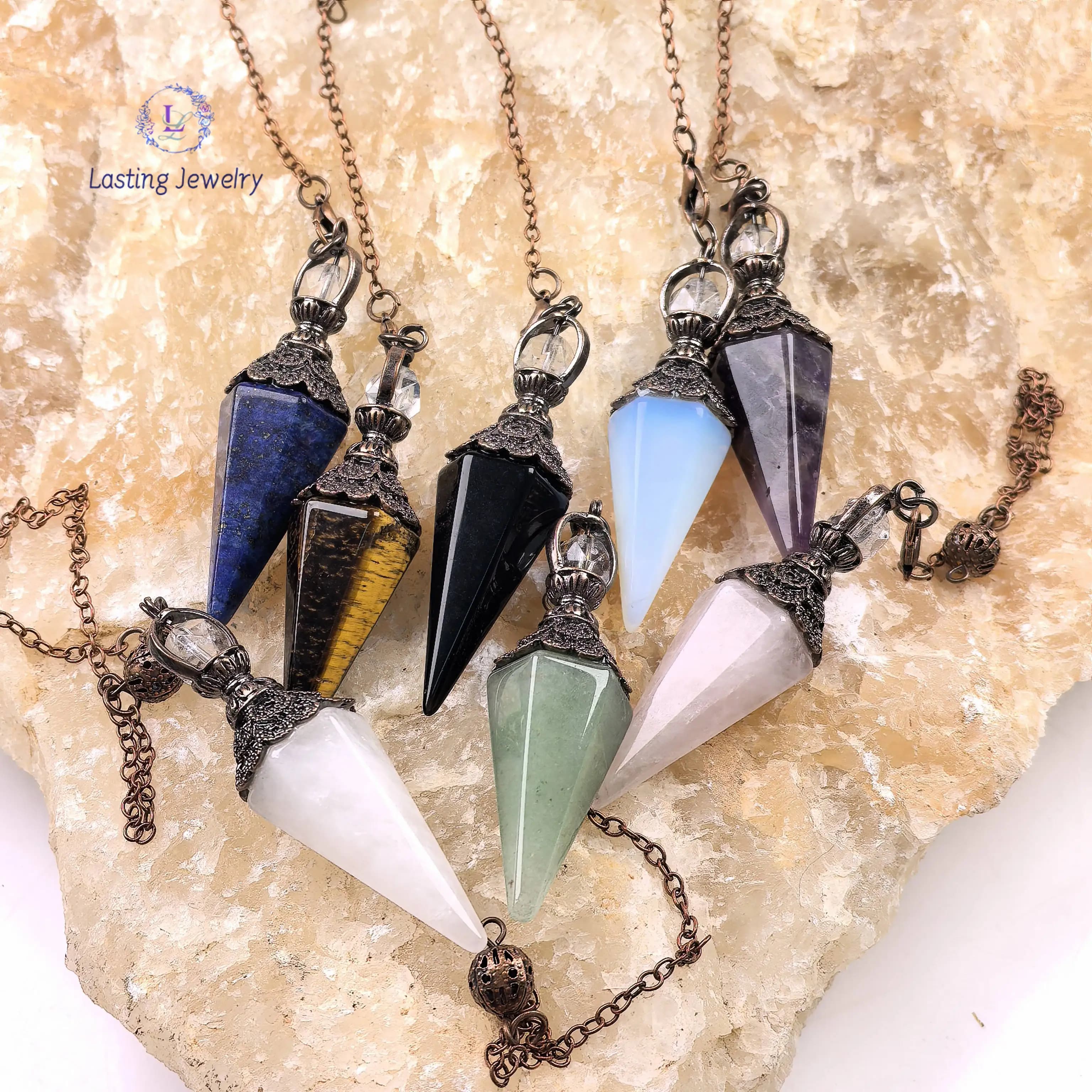 Pendolo curativo Reiki con cono in pietra naturale di rame antico per la rabdomanzia, divinazione spirituale, cristallo, quarzo, pendolo, gioielli