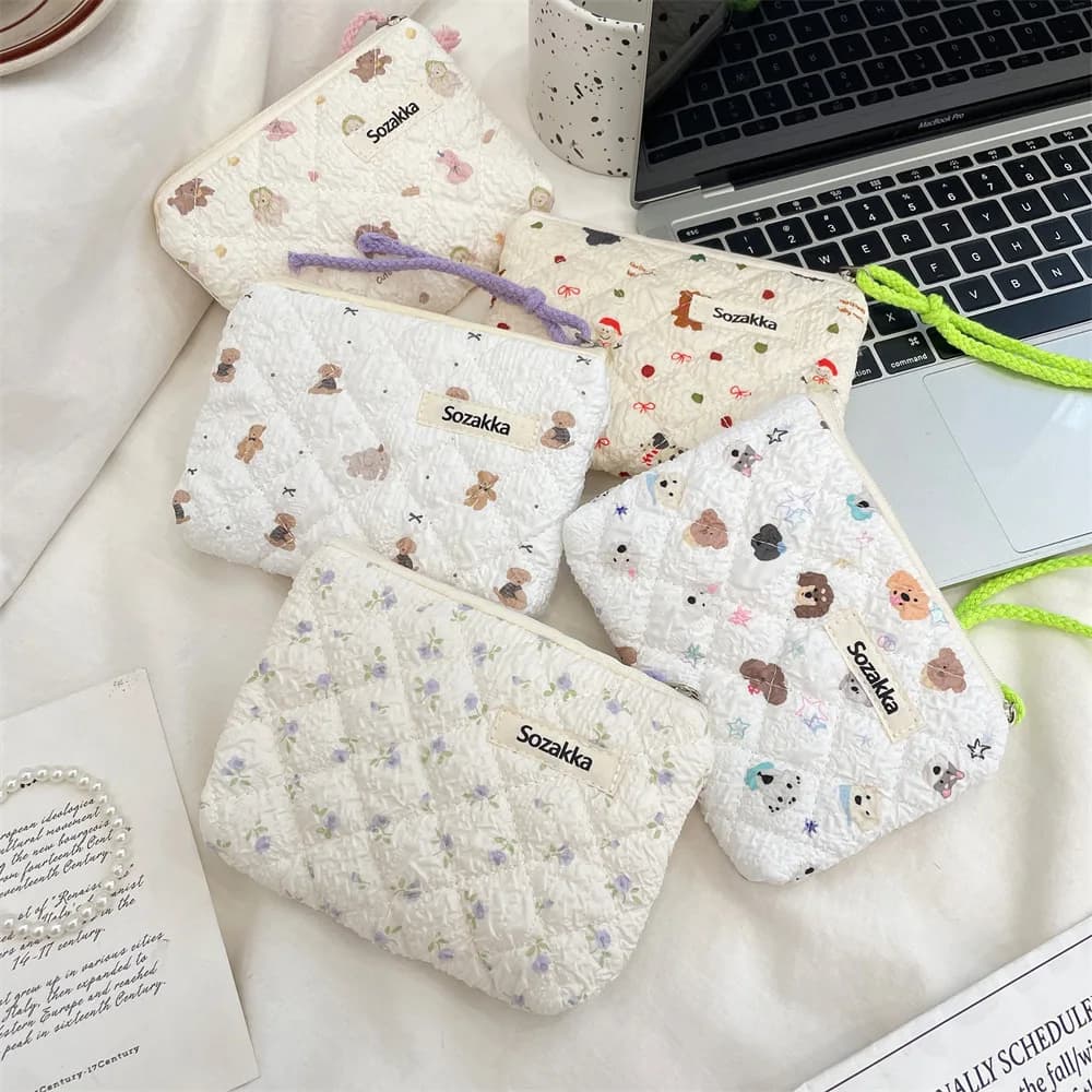 Borsa per trucco stampata in tela per donna Borsa per cosmetici piccola portatile carina in stile coreano Custodia da viaggio per articoli da toeletta