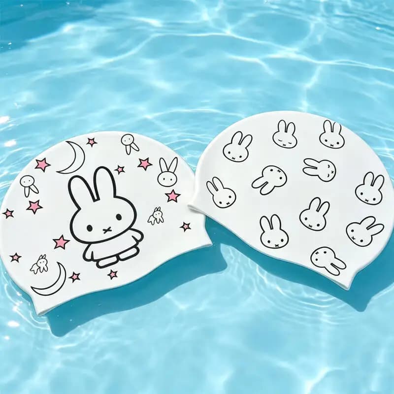 Cute Miffy Silicone Swimming Cap Waterproof Ear Protection Comfortable Elastic Bathing Cap Adult Pool Beach Sports Decor Gift