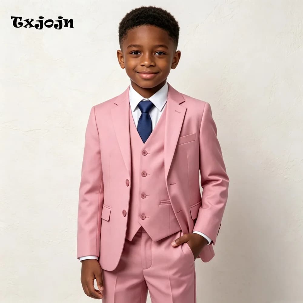 Casual Boys Suit Trend Pink Jacket Pants Vest 3 Piece Set Formal Blazer for Kids Wedding Tuxedo Suits 2-16 Years Custom Cloth