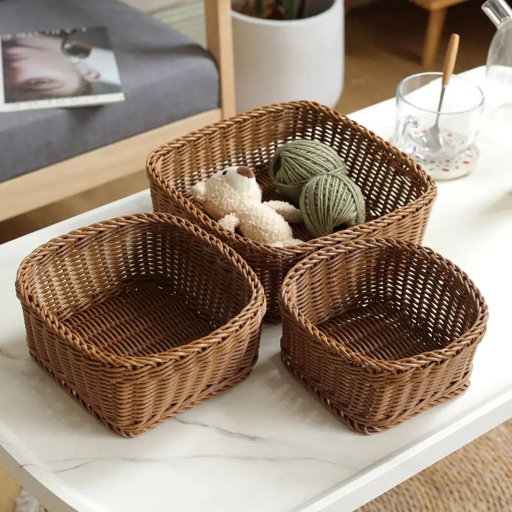 Hardness Rattan Wicker Woven Serving Baskets Handwoven 3 Styles Dried Fruit Dim Sum Snack Plate Plastic