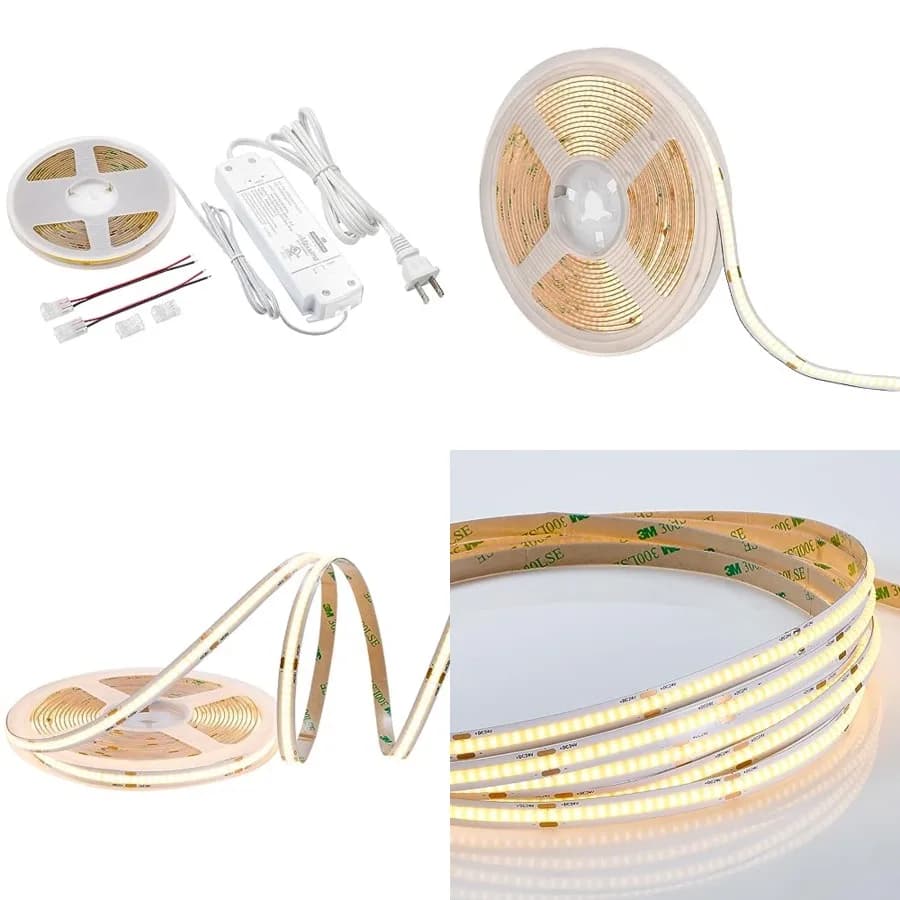 Striscia LED COB da 5 m, Collegabile a Presa o Cablata con Alimentatore, Bianco Caldo 3000K, Dimmerabile, Autoadesiva e Tagliabile