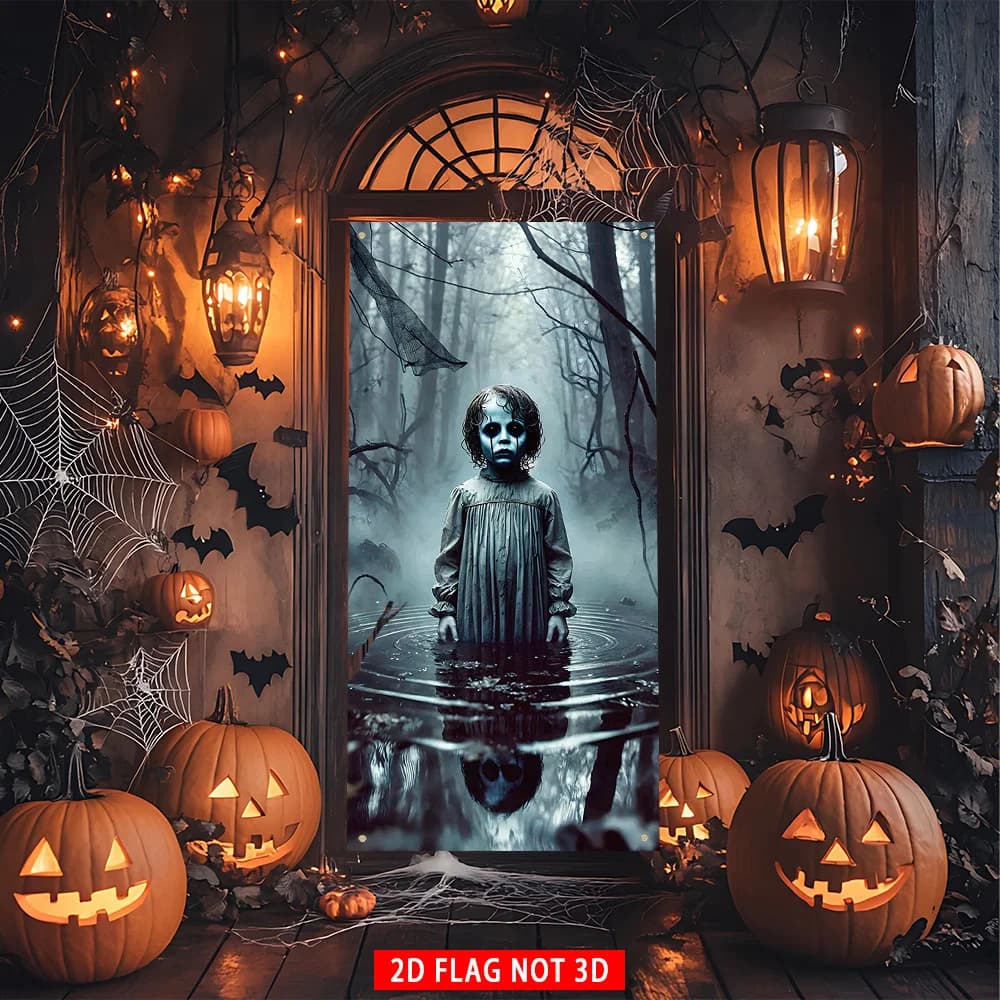[2D FLAG NOT 3D] 1 piece, Halloween door cover flag, durable polyester, blue-faced ghost figure in waterzyc