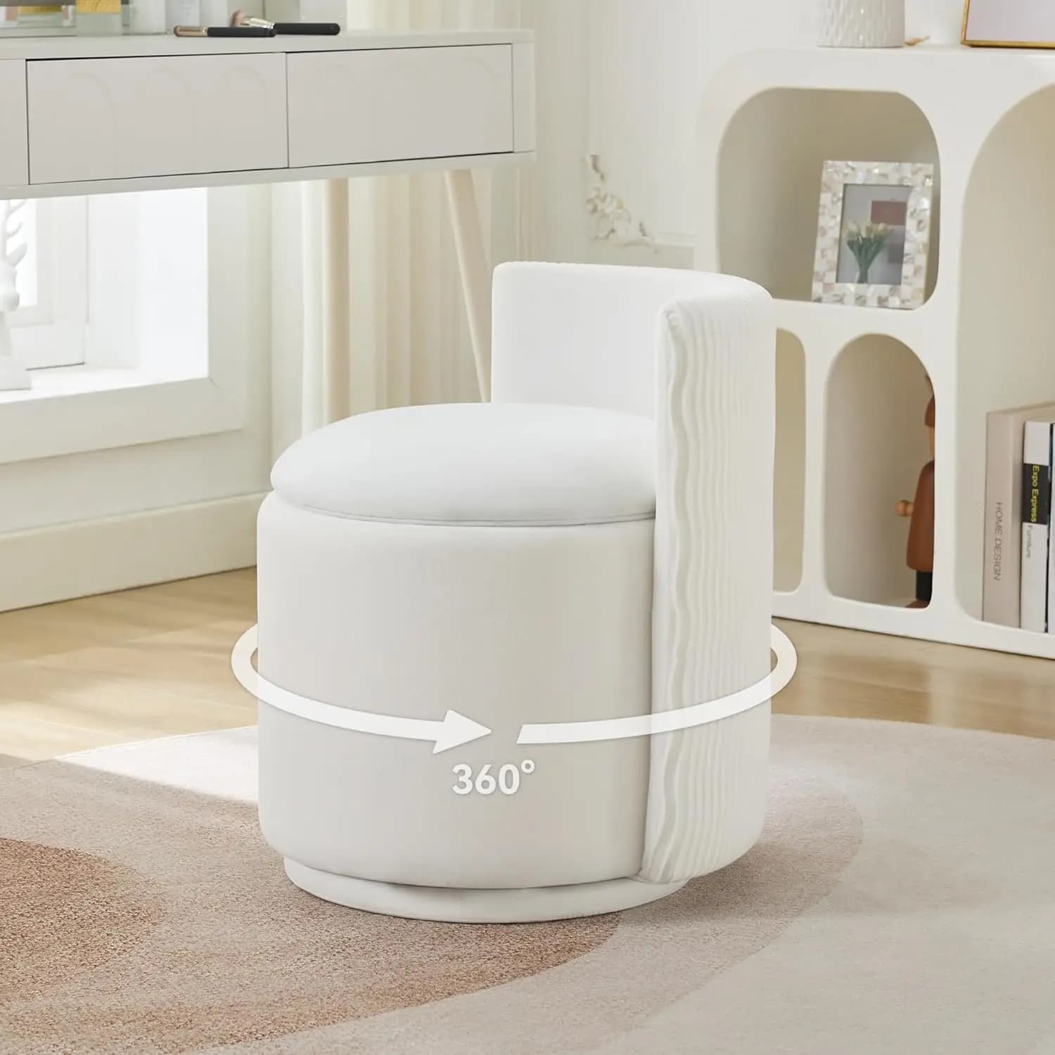 WUTUTUEE Velvet Vanity Chair with Storage, 360° Swivel Makeup Chair with Wave Back, No Assembly Small Accent Stool for Bedroom,