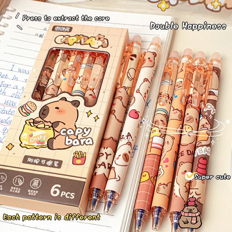 6Pcs Cute Capybara Gel Pens - Kawaii Quick-Drying Blue Erasable Pen Set For Office School Stationery