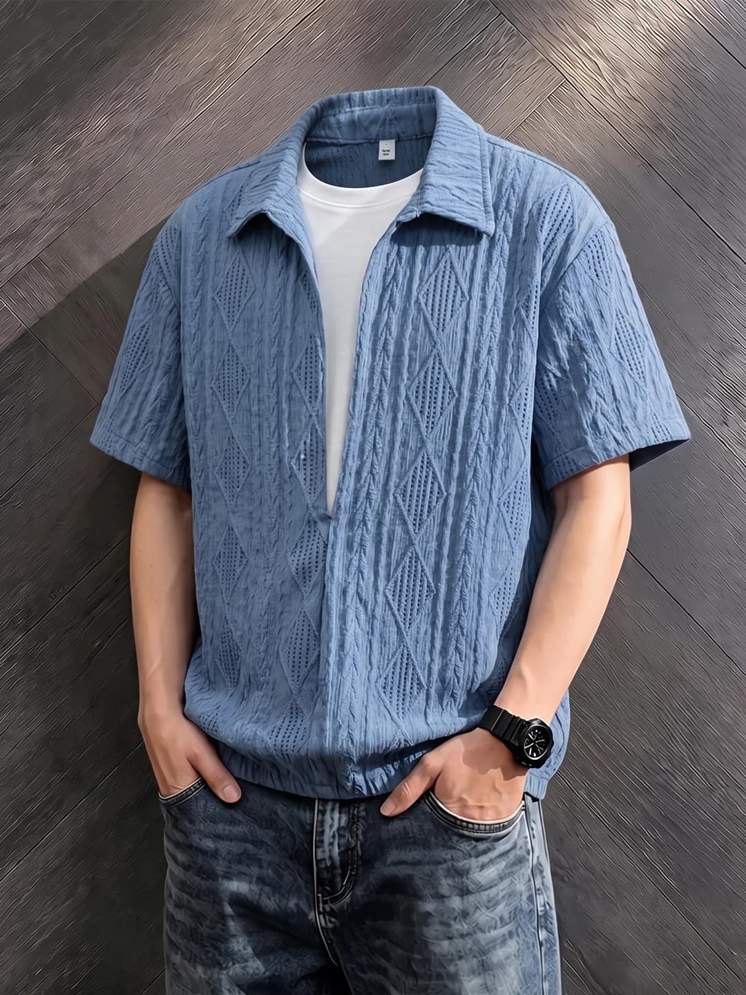American Style Shirt Hollow out Fake Two-Piece Loose Fit Short Sleeve Men's Summer Breathable Textured Half Sleeve T-Shirt