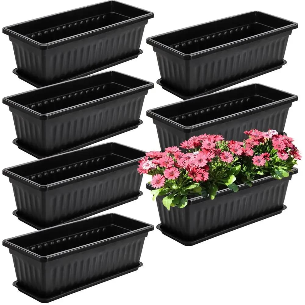 Set di 7 Fioriere da Finestra in Plastica da 17 Pollici con Vassoi, Contenitori per Coltivazione di Verdure, Vasi per Piante da Giardino