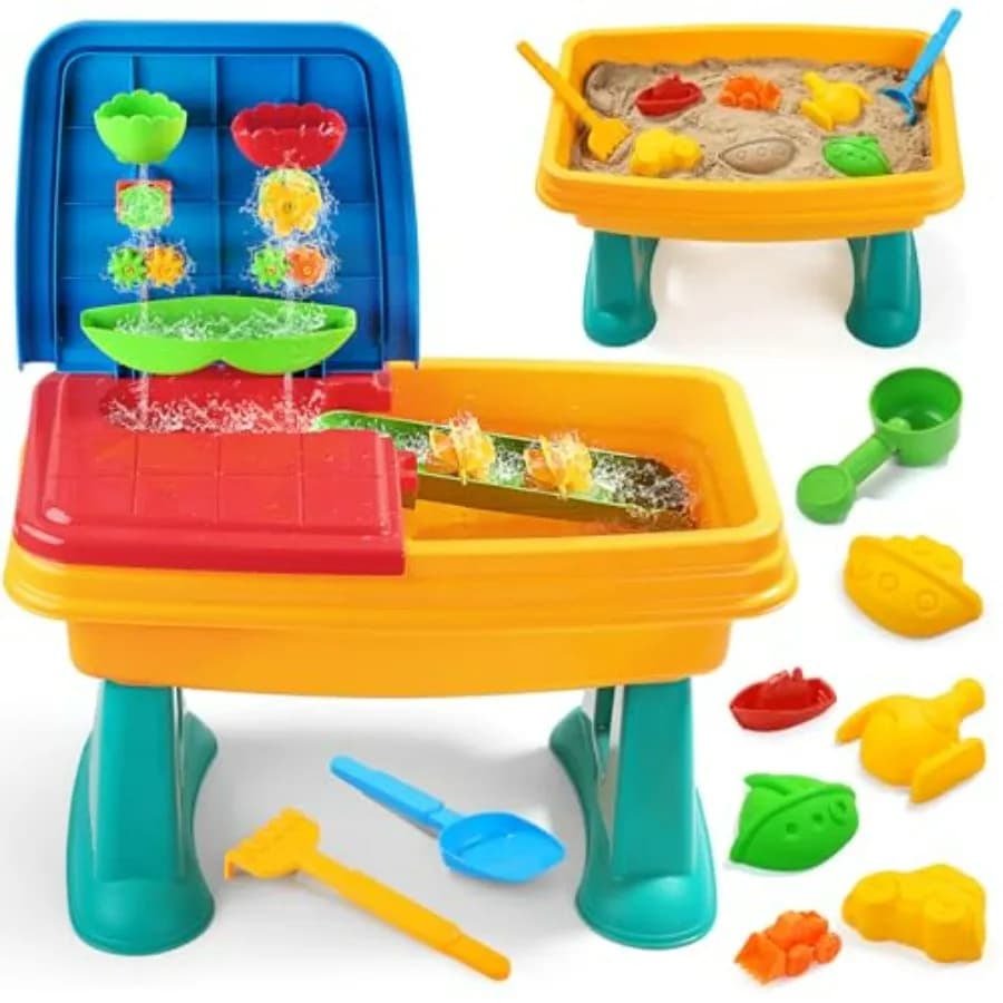 Tavolo 2 in 1 per Sabbia e Acqua, Tavolo Sensoriale per Attività all'Aperto e al Chiuso con Ruota ad Acqua e Attrezzi per la Sabbia per Bambini dai 3 Anni in su, Blu