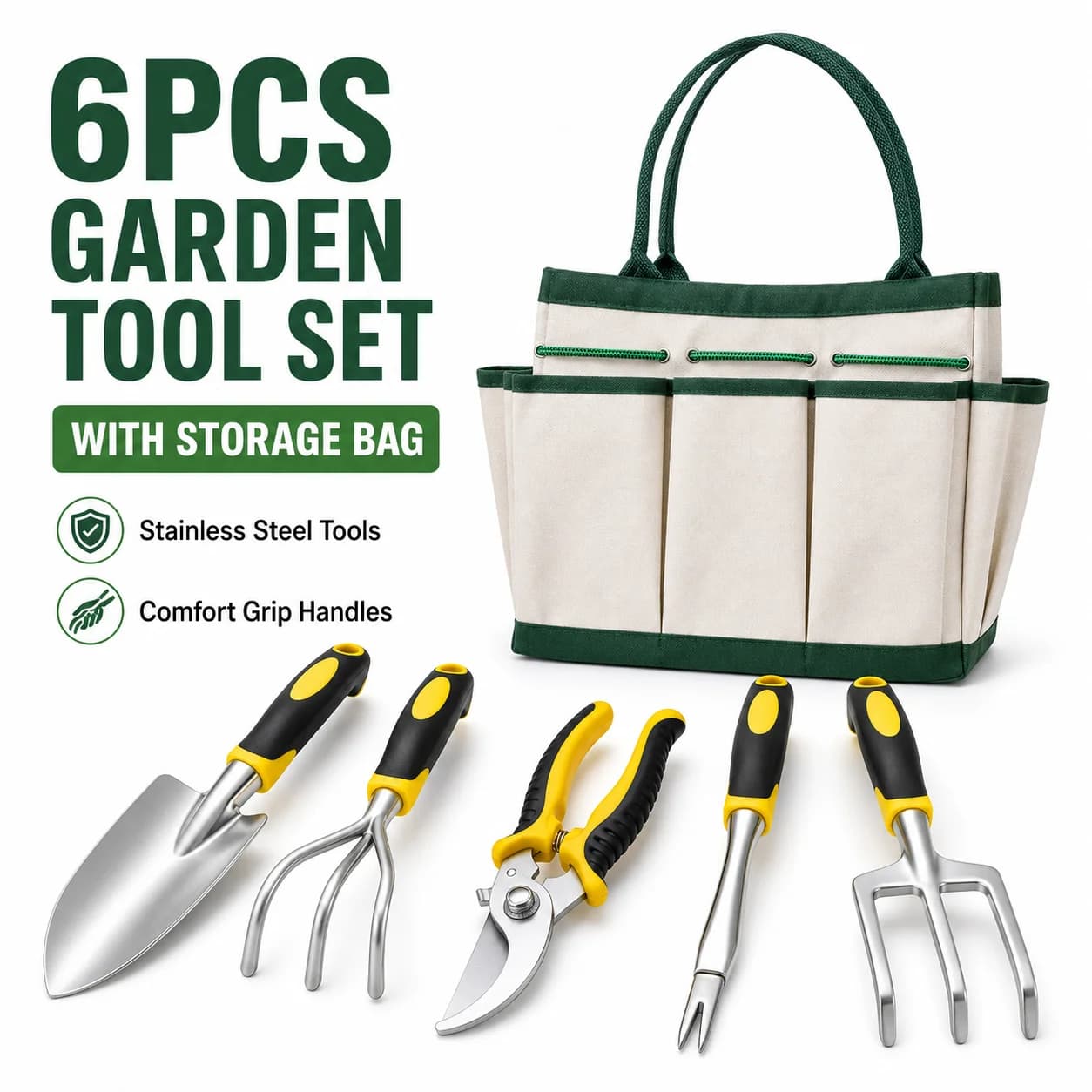 6PCS Garden Hand Tool Set with Storage Bag, Trowel Rake Fork Weeder Pruning Shears Kit for Planting Weeding Transplanting