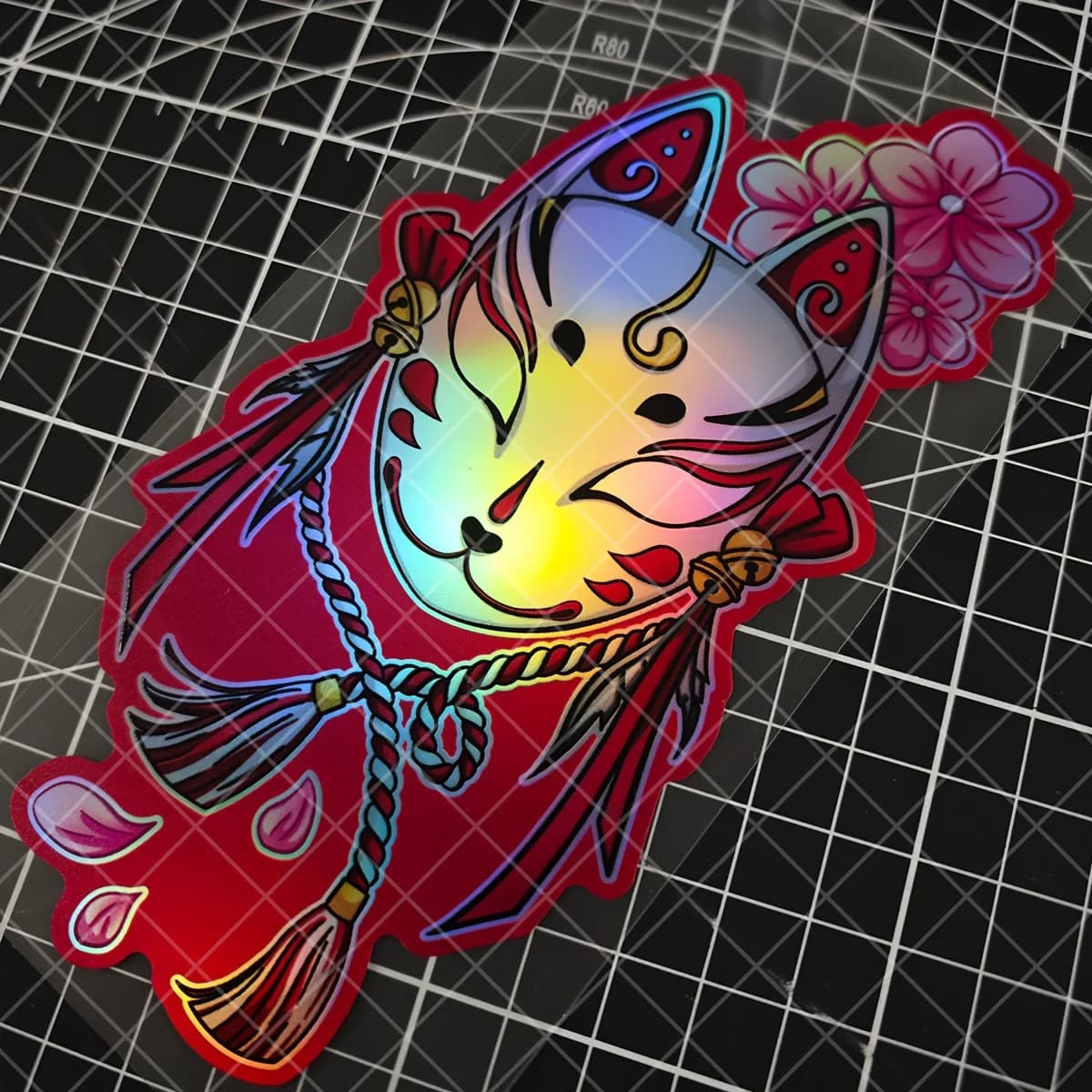 Fox Mask Holographic Sticker, Japanese Sakura Fox Vinyl Decal, Waterproof for Motorcycle, Car, Helmet, Window & Bumper