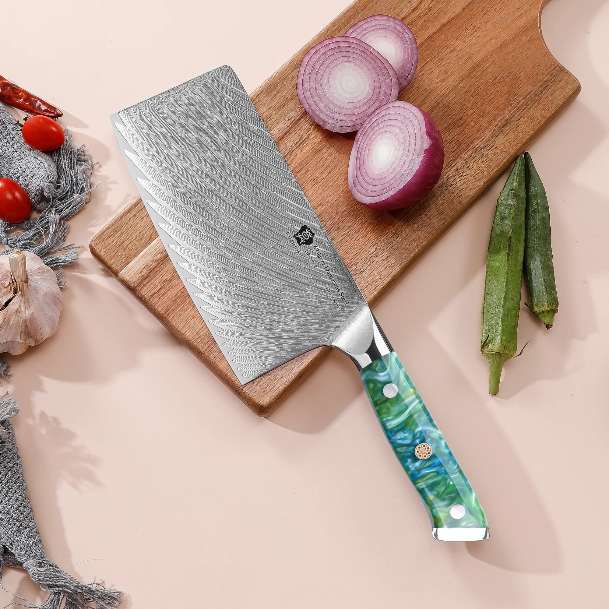 Coltello da Macellaio WILDMOK, Lama in Acciaio Damasco VG10 da 7 Pollici, Coltello da Cucina Professionale con Lama in Ioni d'Argento e Manico in Resina