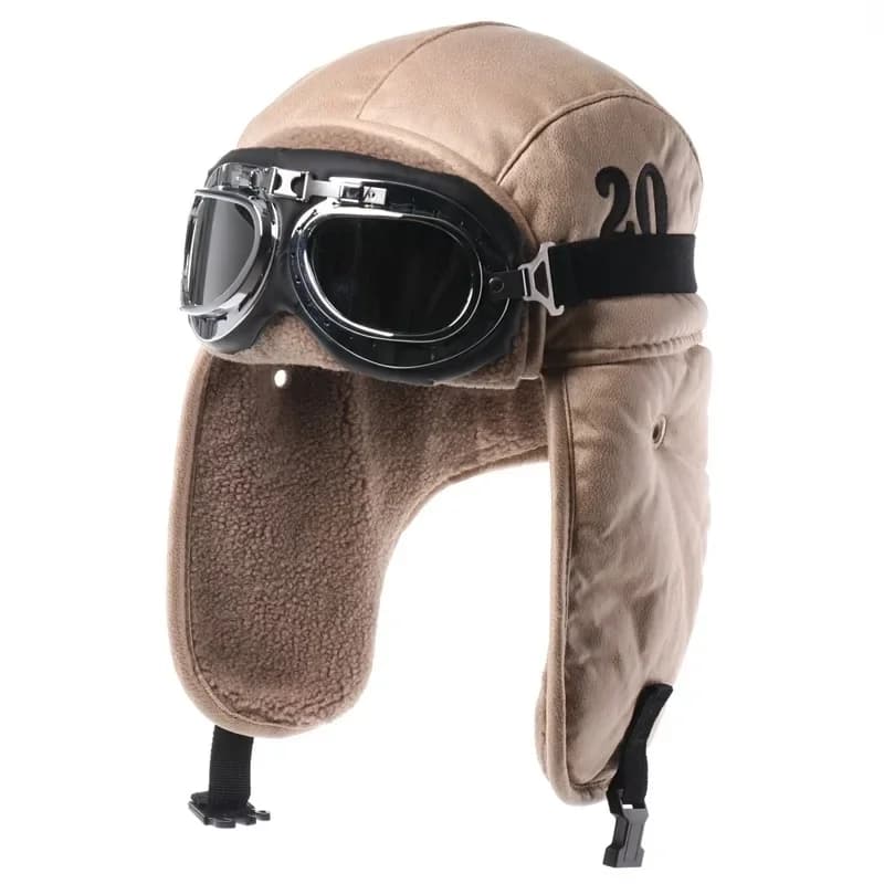 Cappello bomber invernale da uomo con occhiali da moto da esterno antivento caldo pelliccia sintetica cappello da pilota con paraorecchie in pelle colbacco termico