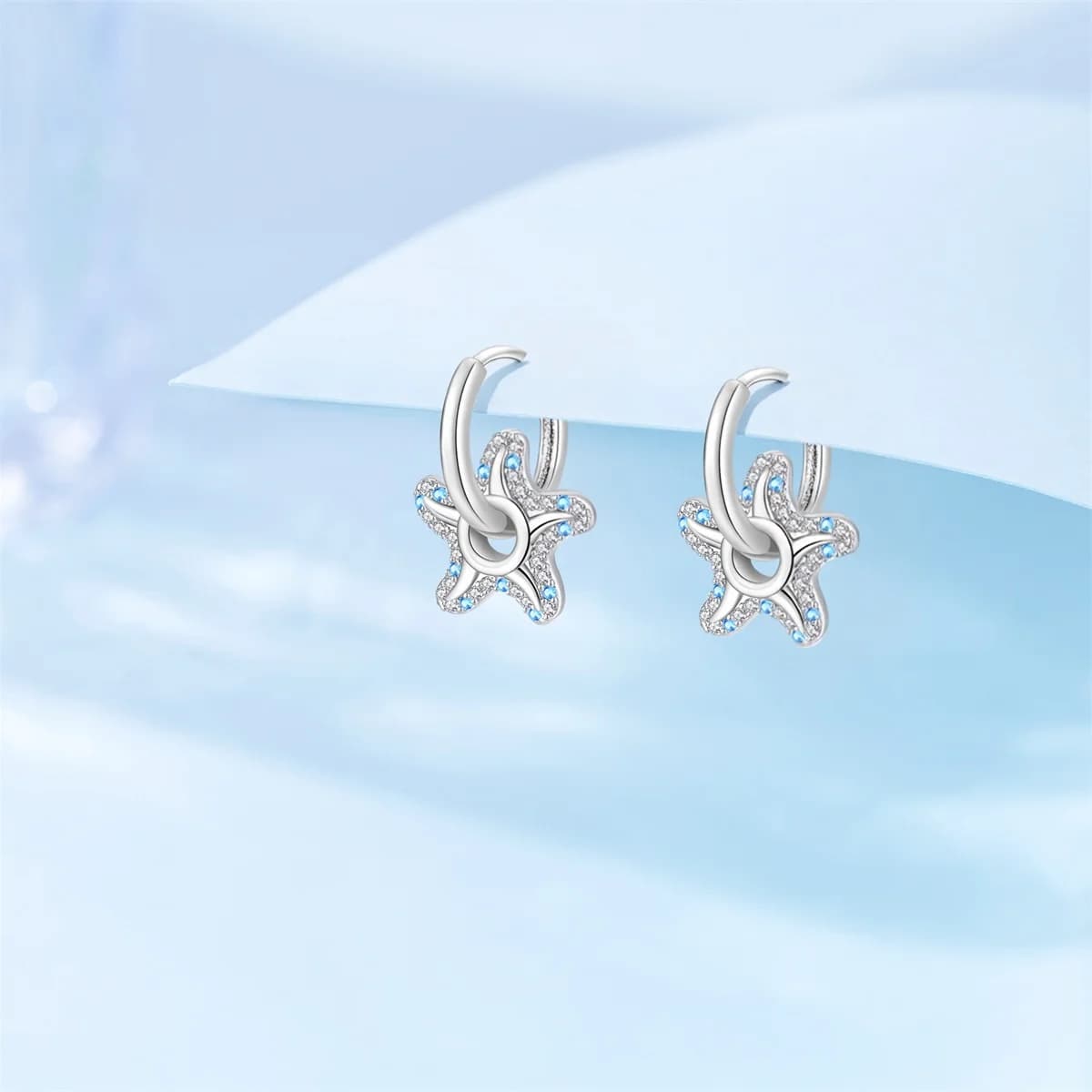Ocean Starfish Earrings 925 Sterling Silver Blue Zircon Sparkly Earrings for Women Seaside Casual Daily Party Jewelry Fine Gift