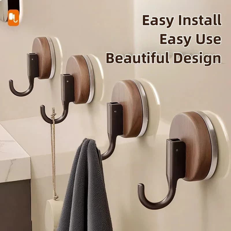 Wood Grain Suction Cup Hooks, Heavy Duty No Drill Wall Hanger, Waterproof Coat Bag Towel Hook for Bathroom Kitchen