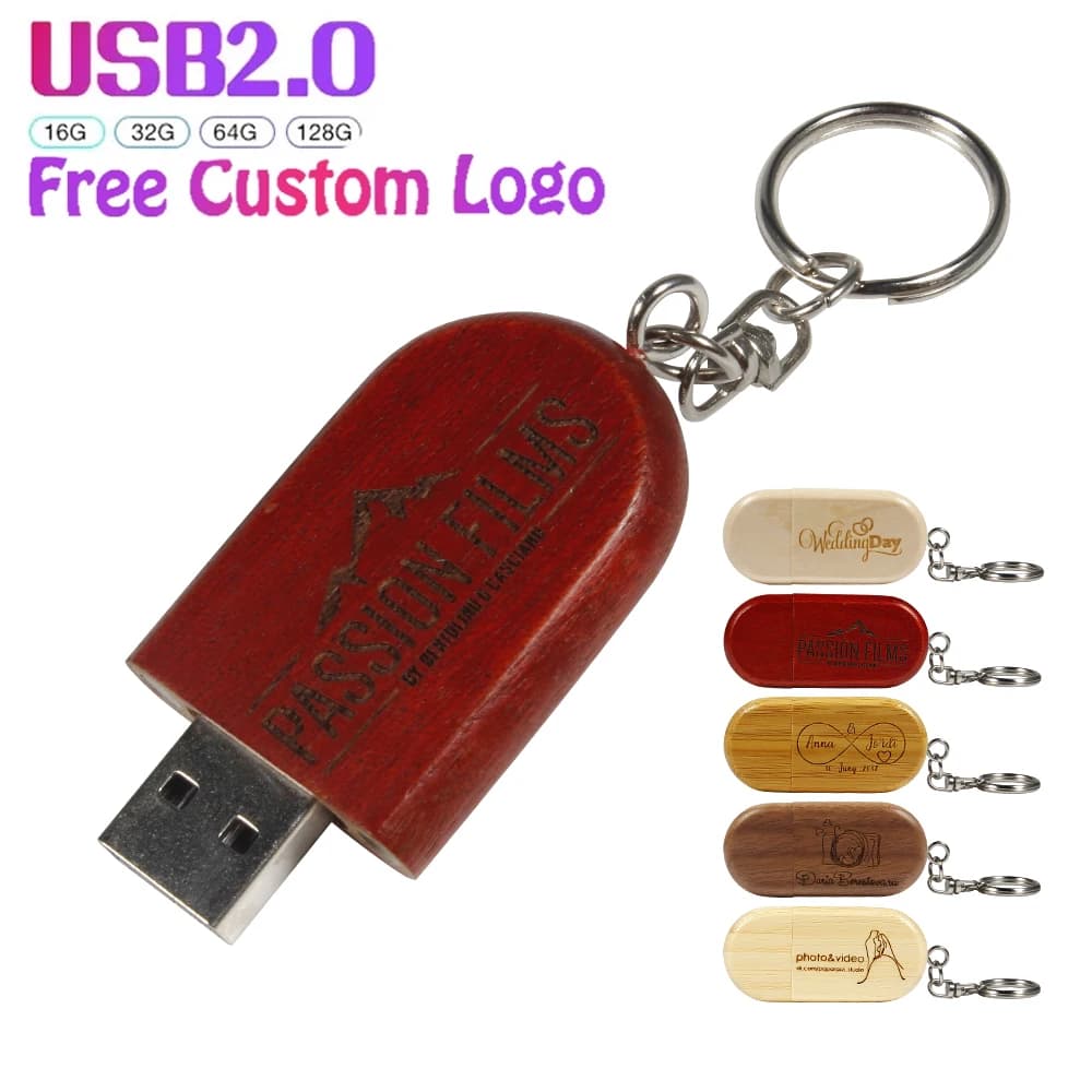 Custom Logo USB Flash Drive 64GB/32GB/16GB High Speed Wooden Pen Drive Free Key Chain Wedding Gift for Guests Business Giveaways