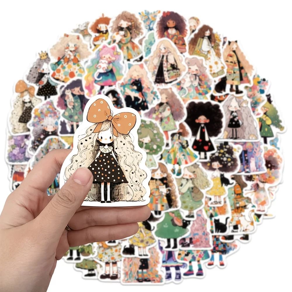 60 Adesivi Impermeabili con Cartoni Animati di Ragazze per Decorazione di Quaderni, Cover per Cellulari, iPad e Tazze