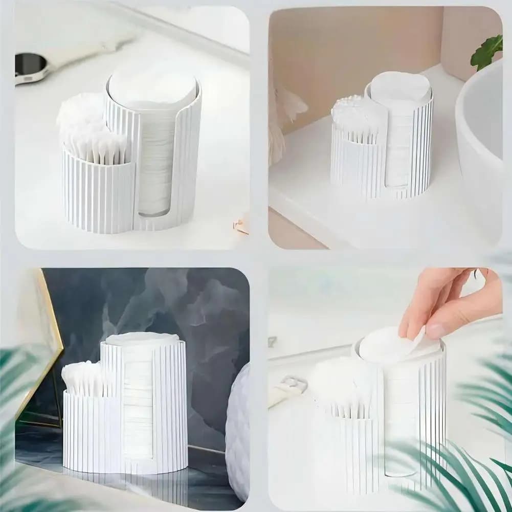 Scatola portaoggetti a doppio scomparto per bastoncini di cotone, organizer antipolvere per dischetti struccanti con coperchio ribaltabile e apertura inclinata per bagno e scrivania