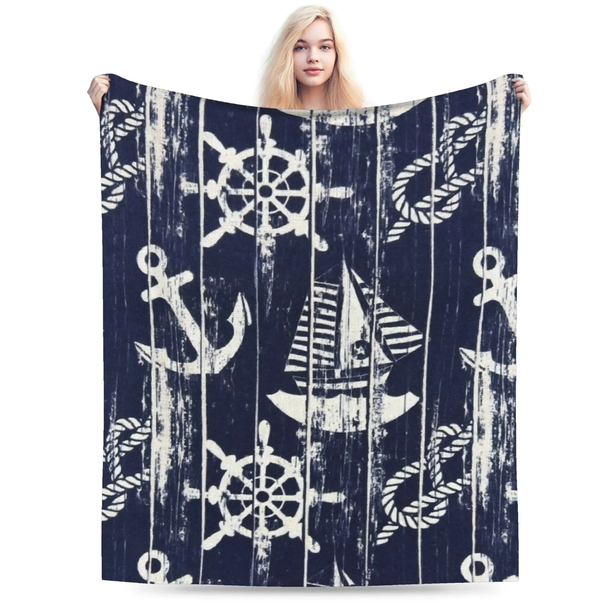 Coperta Calda in Flanella con Stampa Ancora Nautica e Barca, per Studenti, da Viaggio, Copriletto per Divano, Poltrona e Letto
