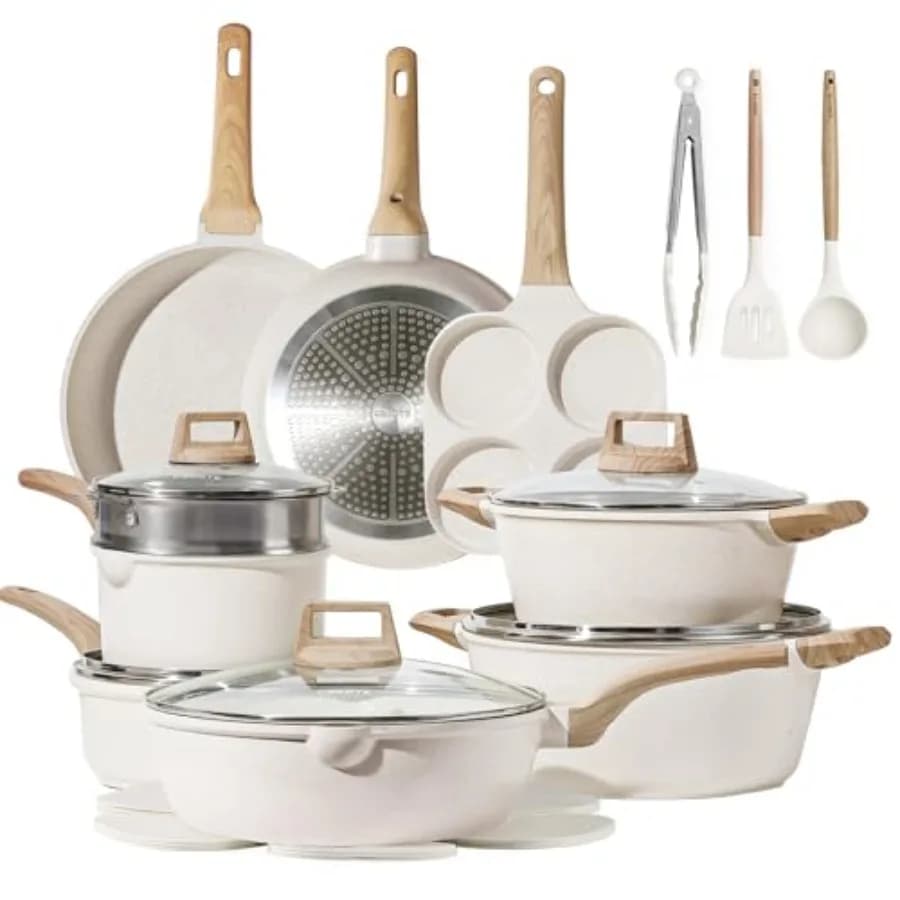 Set di pentole e padelle, set di pentole antiaderenti, set di pentole a induzione in granito bianco antiaderente con padelle e casseruole