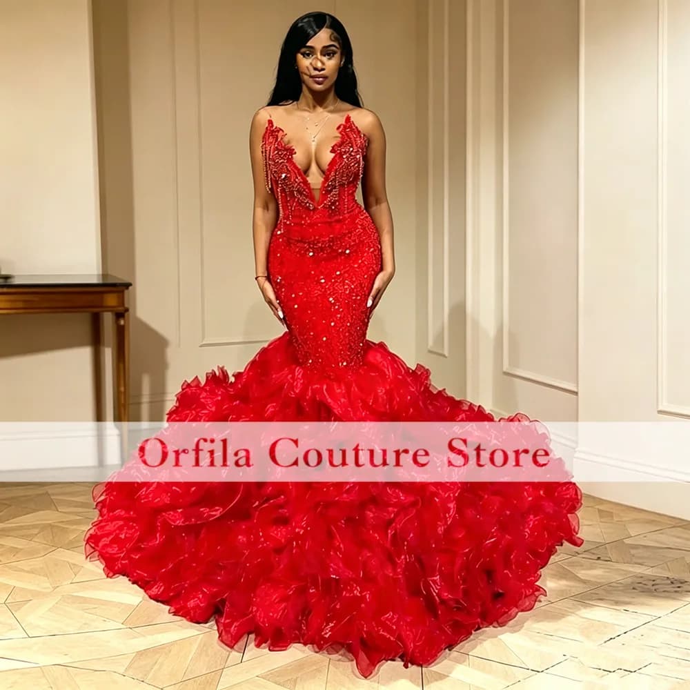 Stunning Red Prom Dress 2026 Luxury Crystal Tassel Black Girl Mermiad Party Outfits Emerald Green Matric Dance Dress Customized