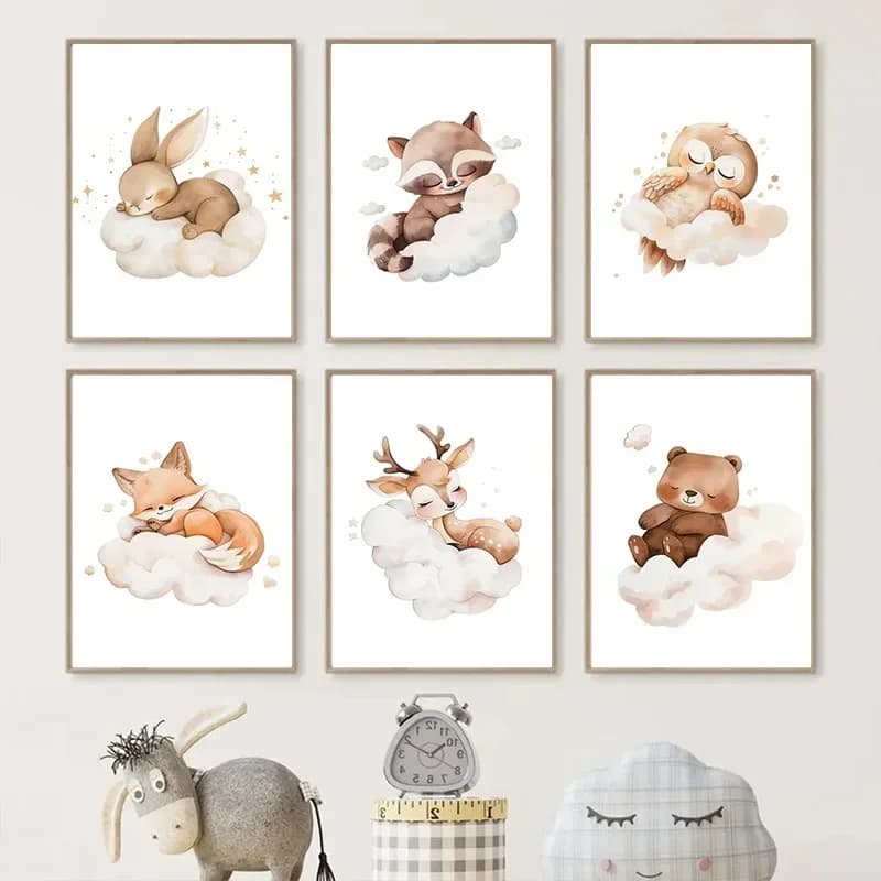 Quadro su tela con animali dei cartoni animati, decorazione murale con procione, volpe, cervo, poster per cameretta bambini, immagine per asilo nido, decorazione murale per cameretta neonati
